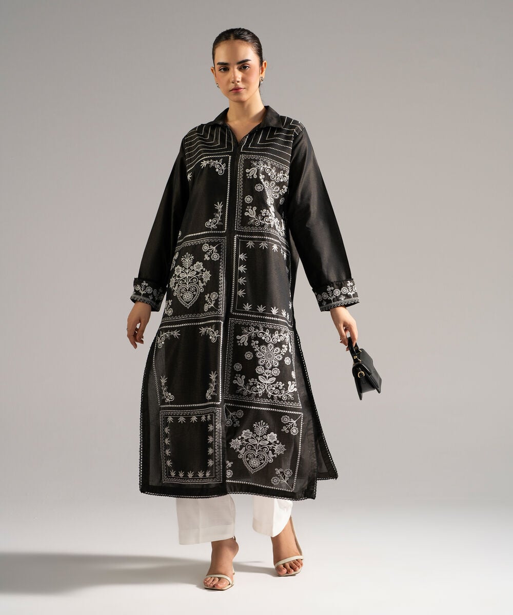 Women's RTW Zari Lawn Embroidered Black Straight Shirt