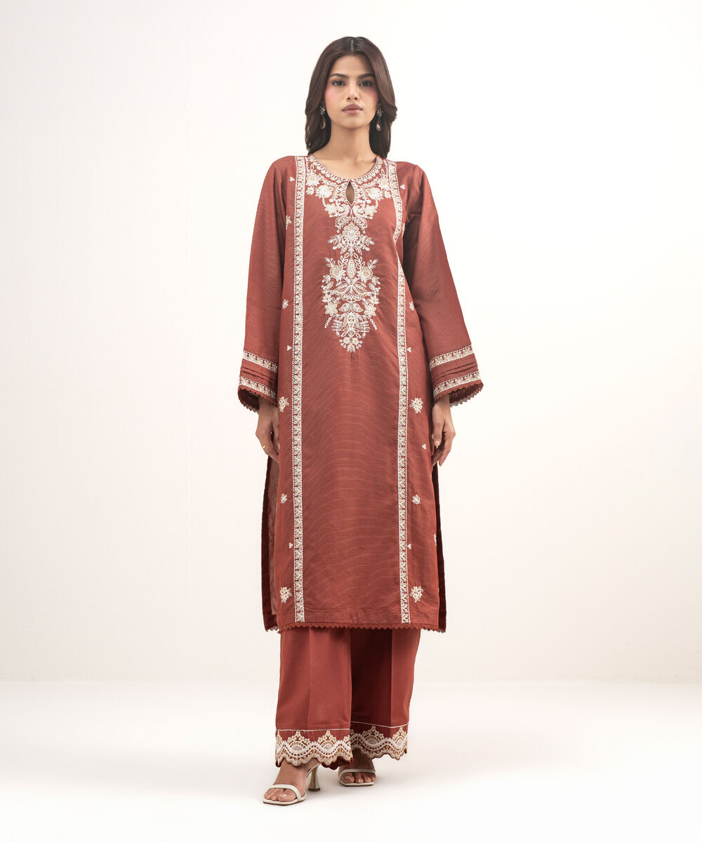 Women's RTW Zari Lawn Embroidered Brown 2 Piece Suit