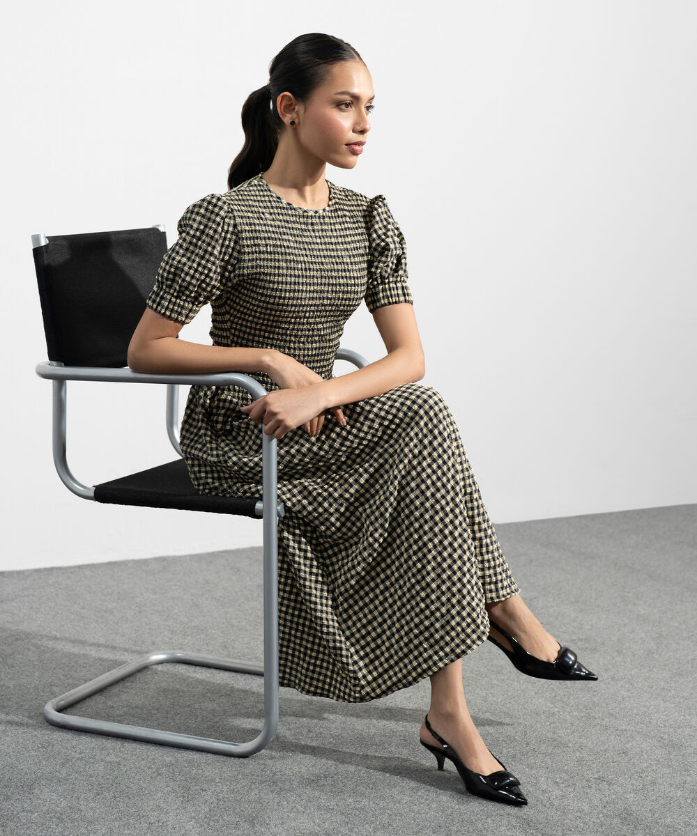 Women's Western Black And Yellow Smocked Seersucker Gingham Dress