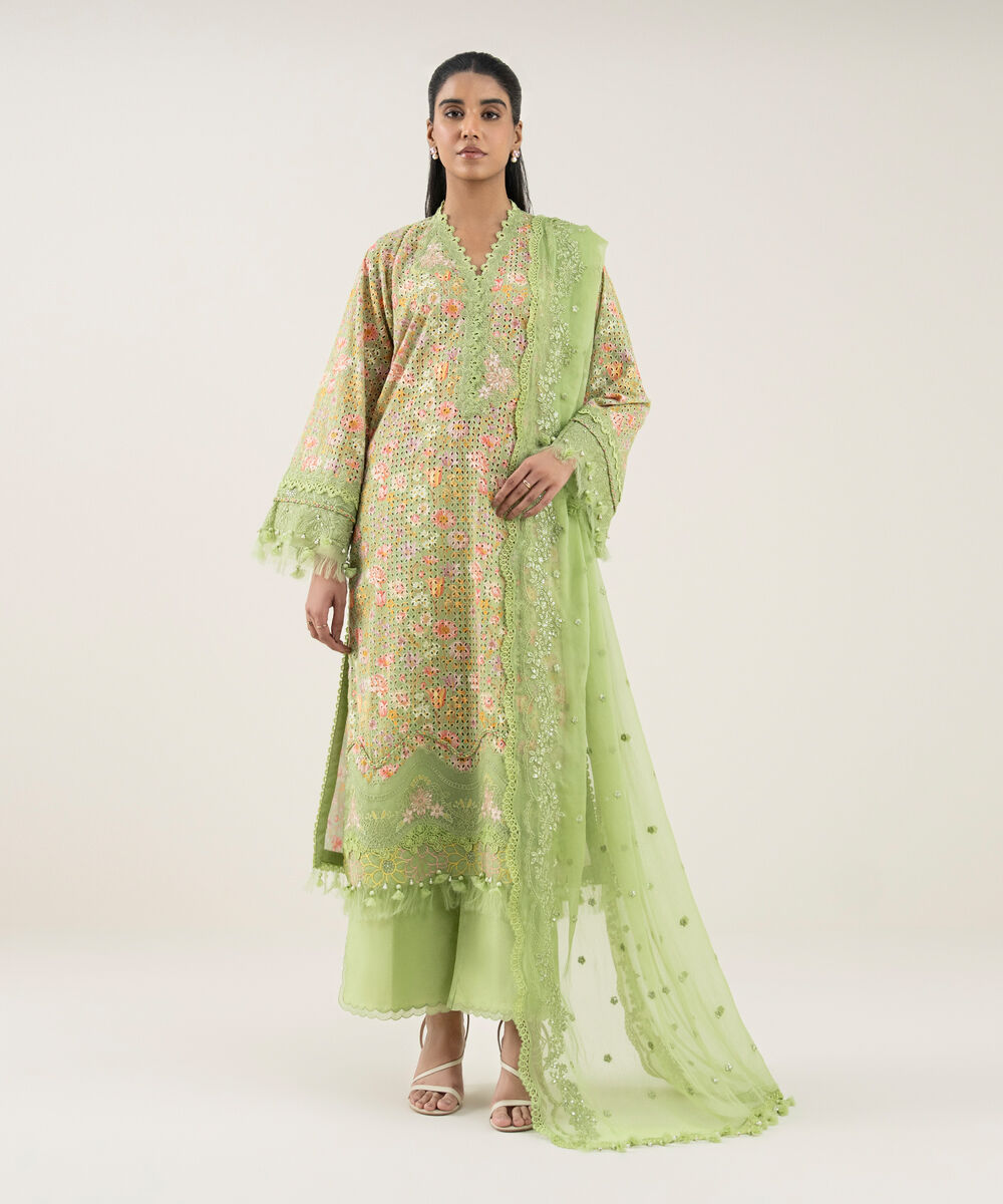 Women's Unstitched Cotton Embroidered Green 3 Piece Suit