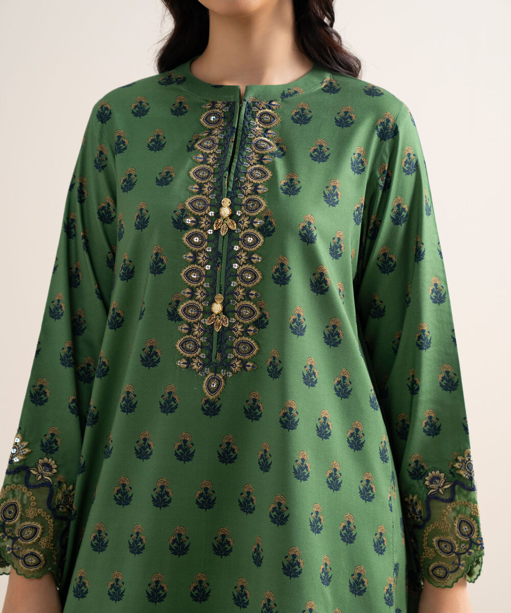 Women's Unstitched Printed Linen Green 3 Piece Suit