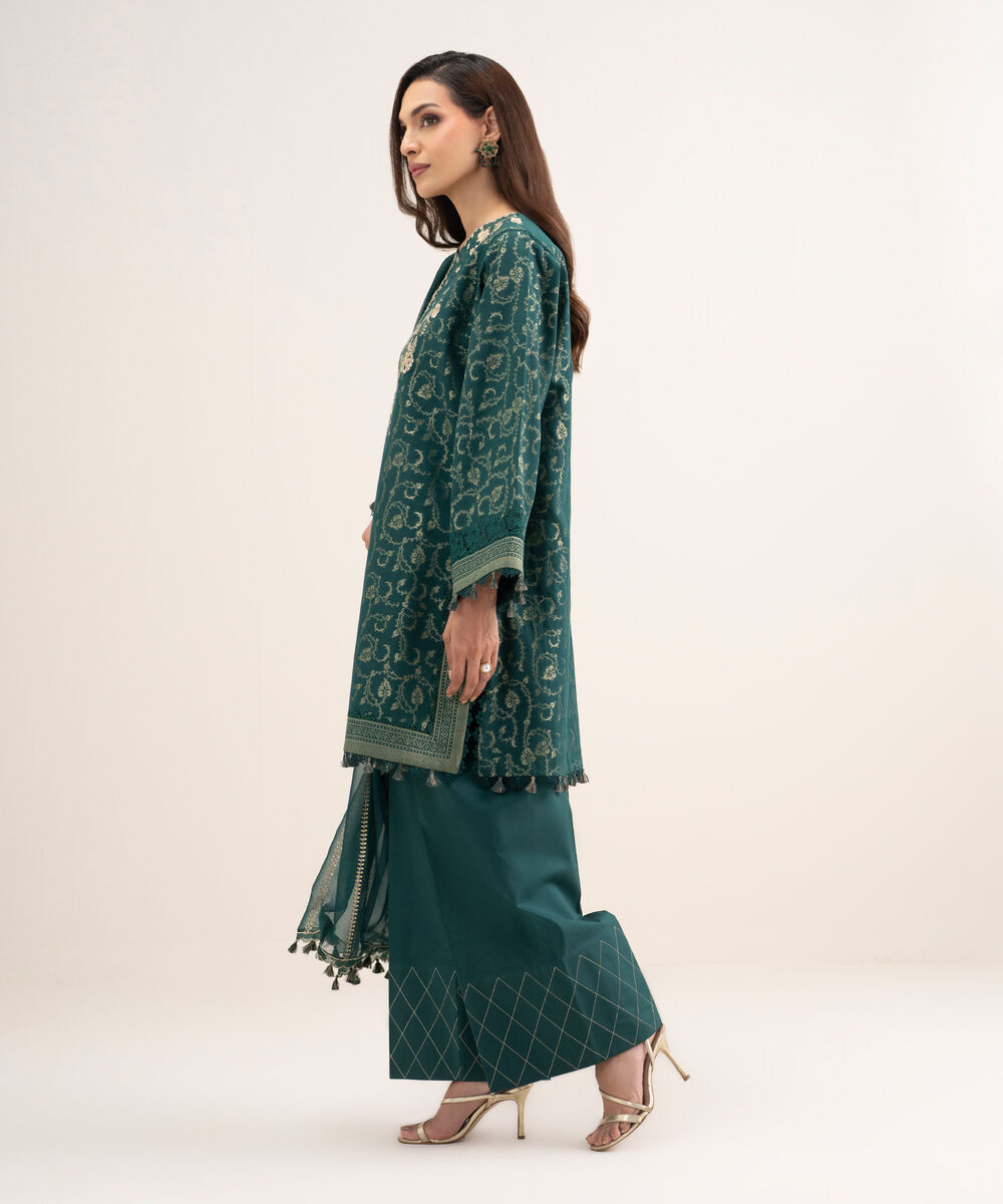 Women's Unstitched Extra Weft Jacquard Embroidered Green 3 Piece Suit