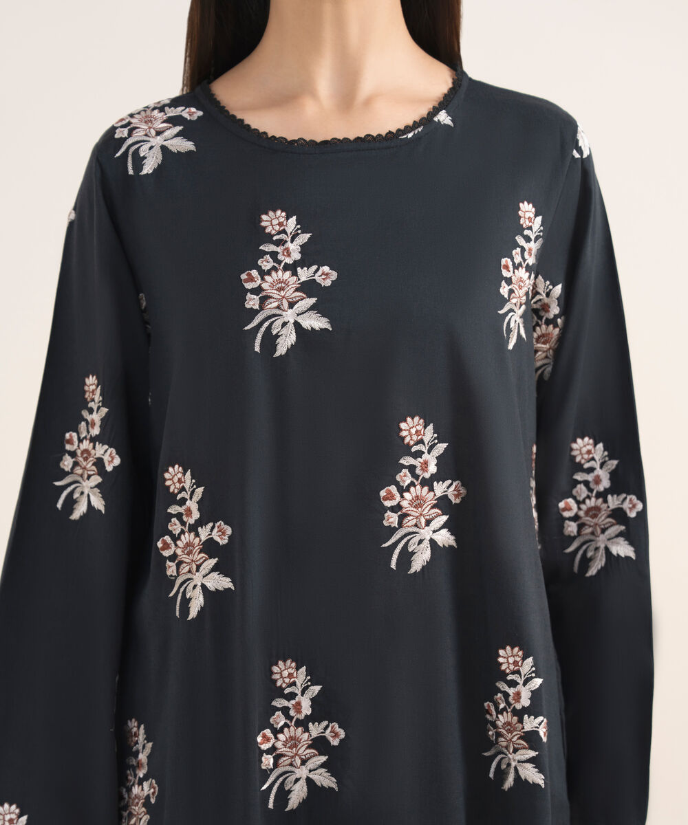 Women's RTW Lawn Viscose Black Embroidered A-Line Shirt