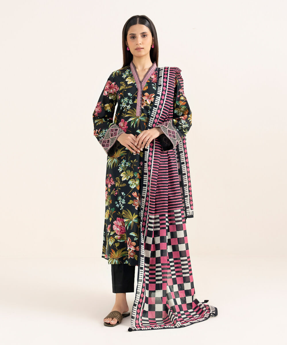 Women's RTW Textured Lawn Black Embroidered Straight Shirt