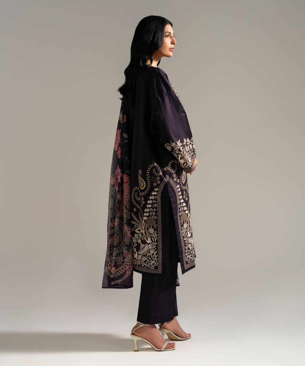 Women's RTW Slub Lawn Printed Black 3 Piece Suit