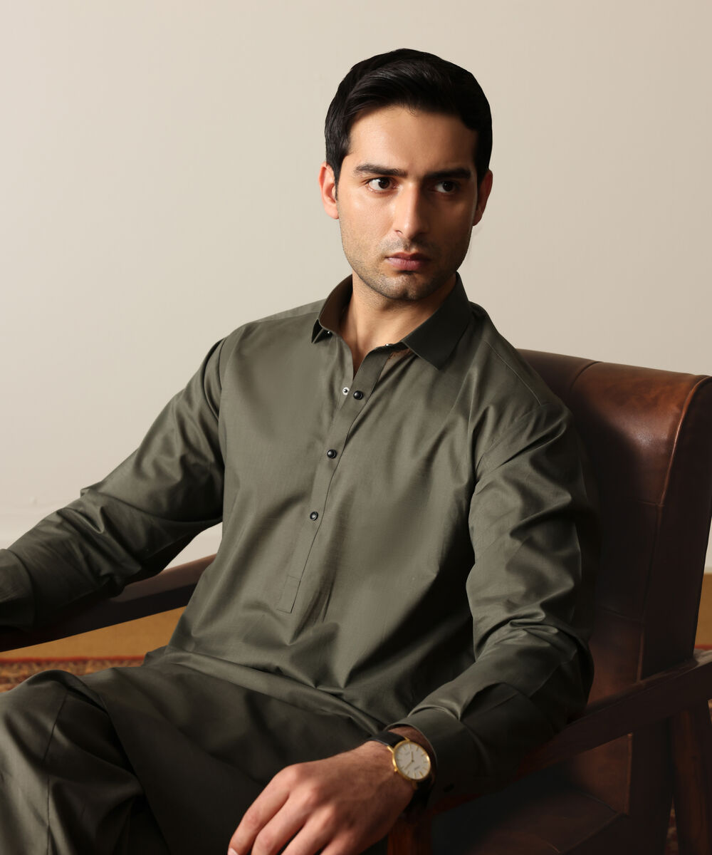 Men's Unstitched Two-Piece Olive Green Premium Slub Cotton Suit
