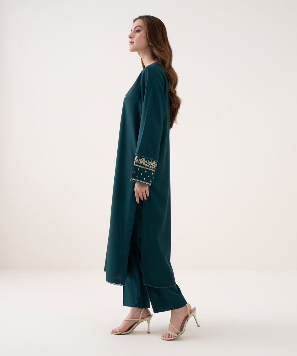 Women's RTW Cotton Viscose Embroidered Straight Green Shirt