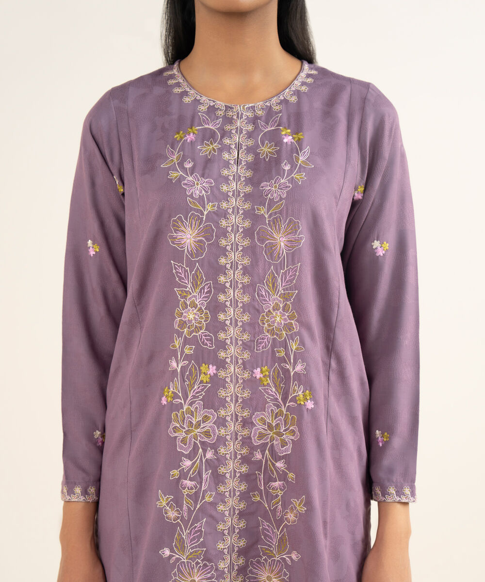 Women's RTW Self Jacquard Leno Embroidered Purple Straight Shirt