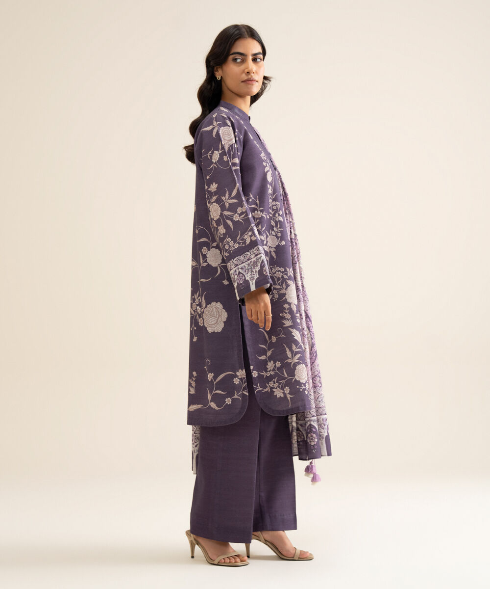 Women's Unstitched Premium Khaddar Printed Lilac 3 Piece Suit