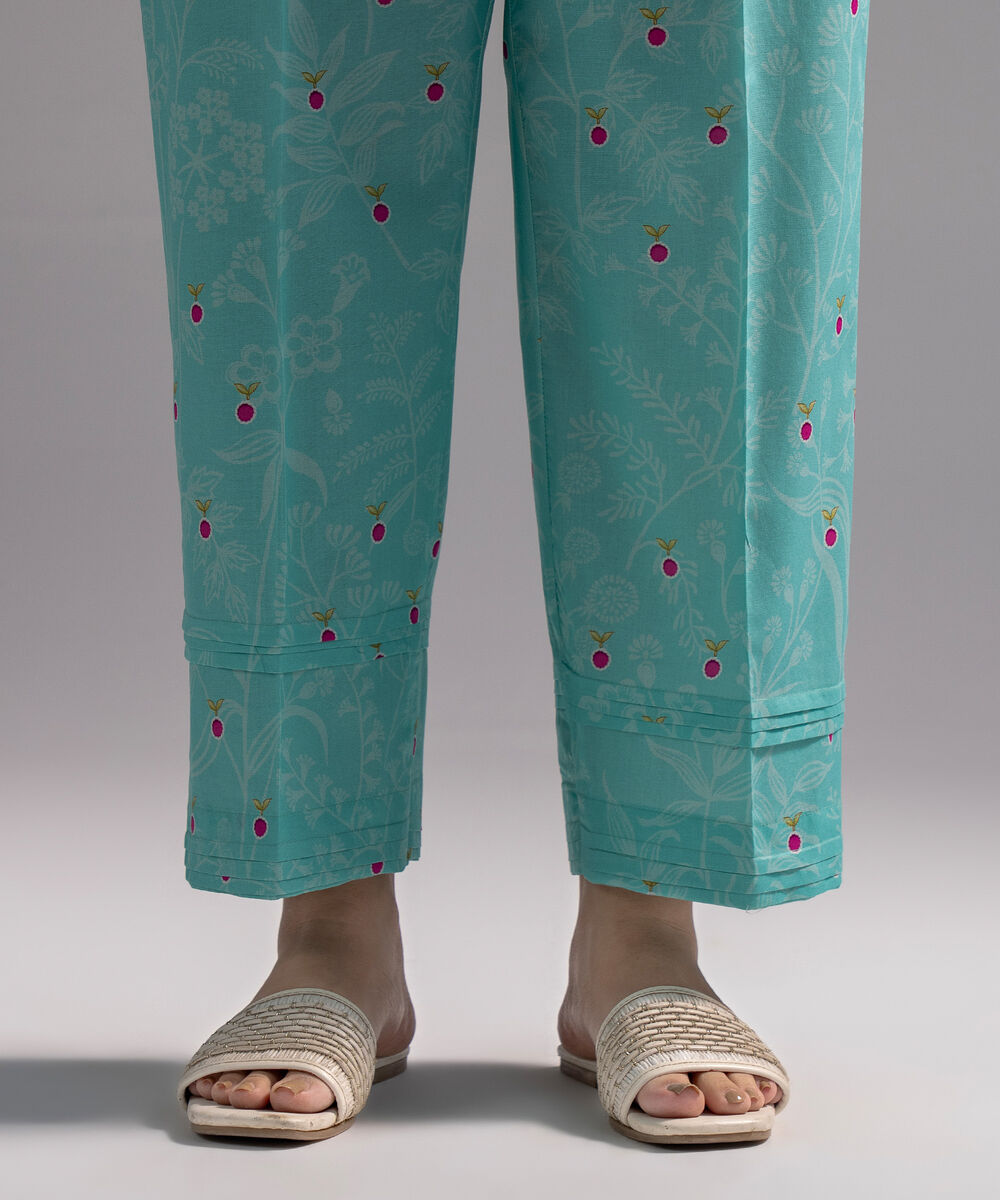 Women's RTW Cambric Printed Turquoise Straight Pants