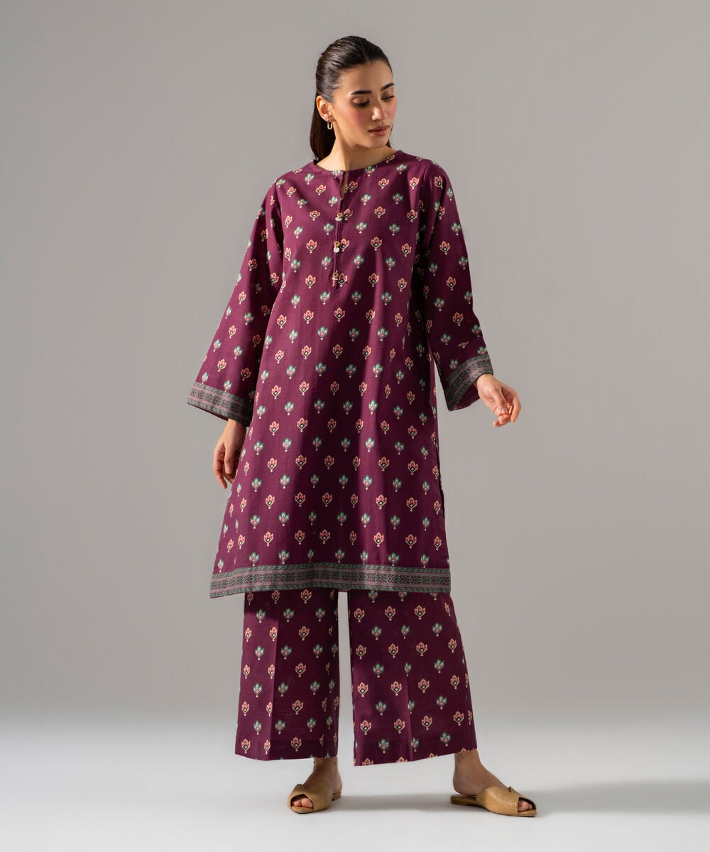 Women's RTW Khaddar Printed Purple 2 Piece Suit