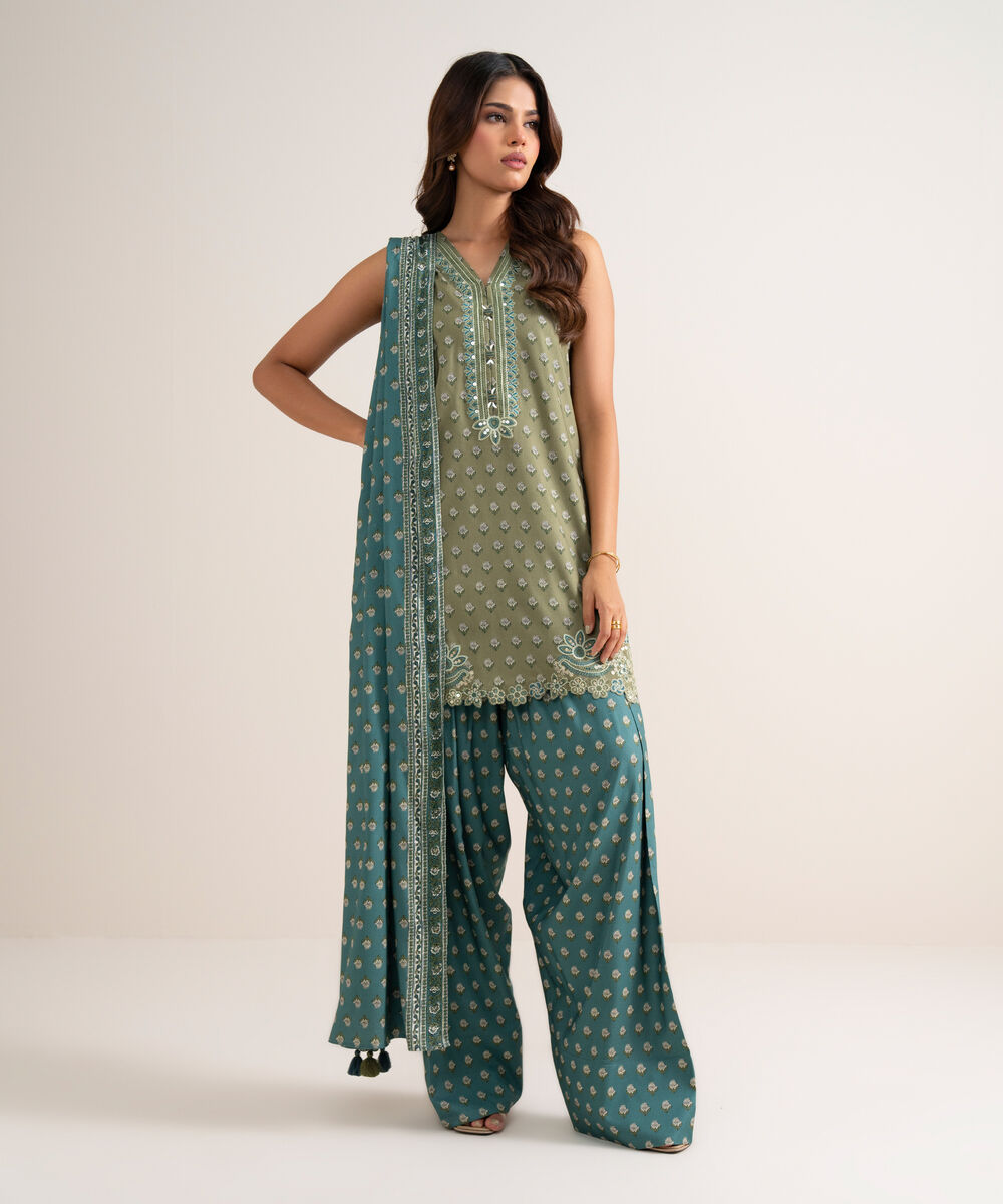 Women's Unstitched Printed Linen Beige 3 Piece Suit