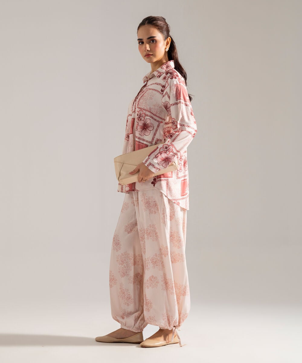 Women's RTW Printed Pink Viscose Linen 2 Piece Suit