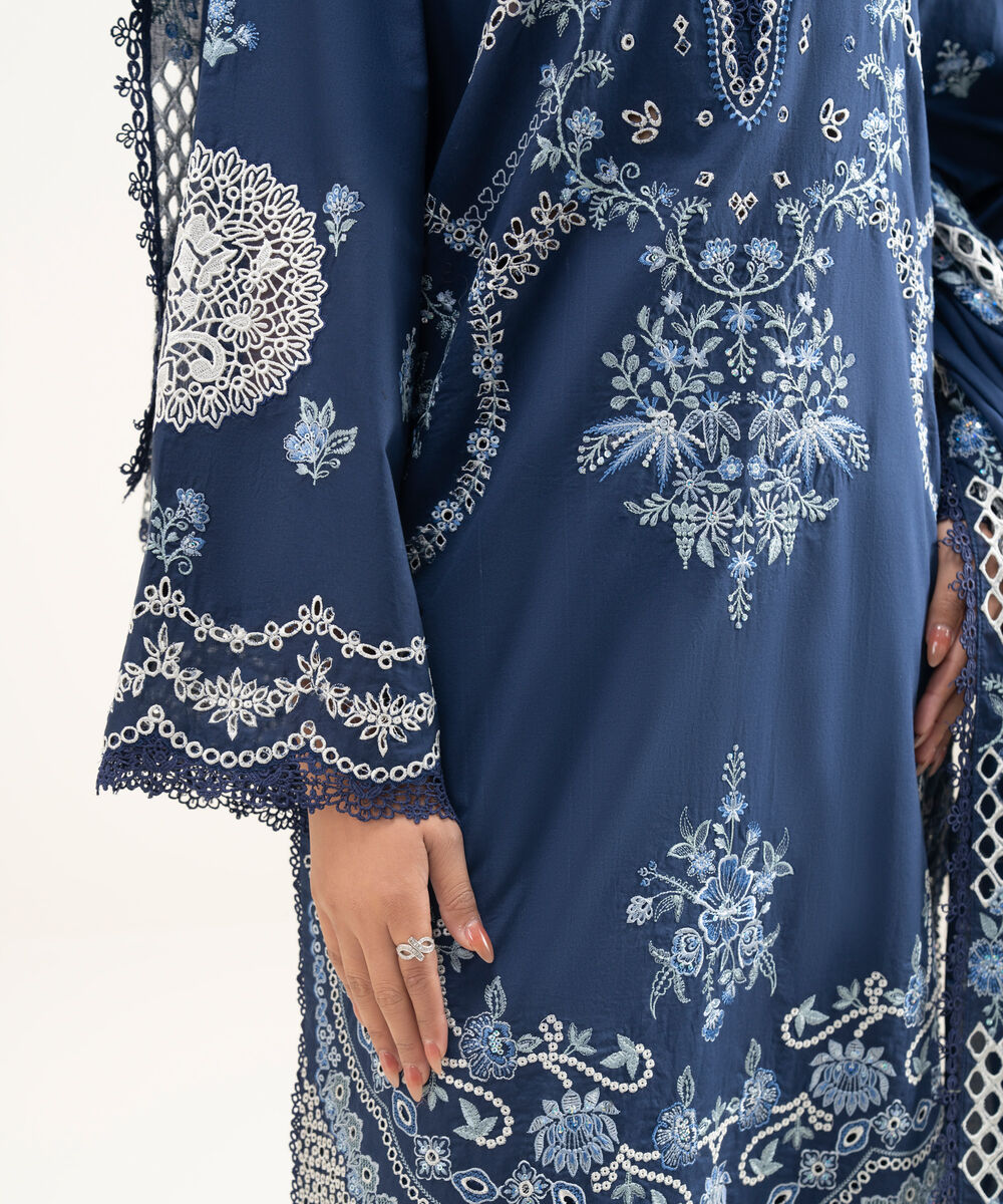 Women's Unstitched Lawn Embroidered Blue  3 Piece Suit