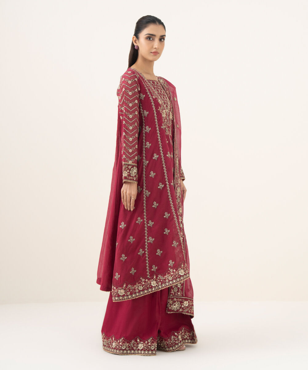 Women's RTW Blended Karandi Embroidered Red 3 Piece Suit