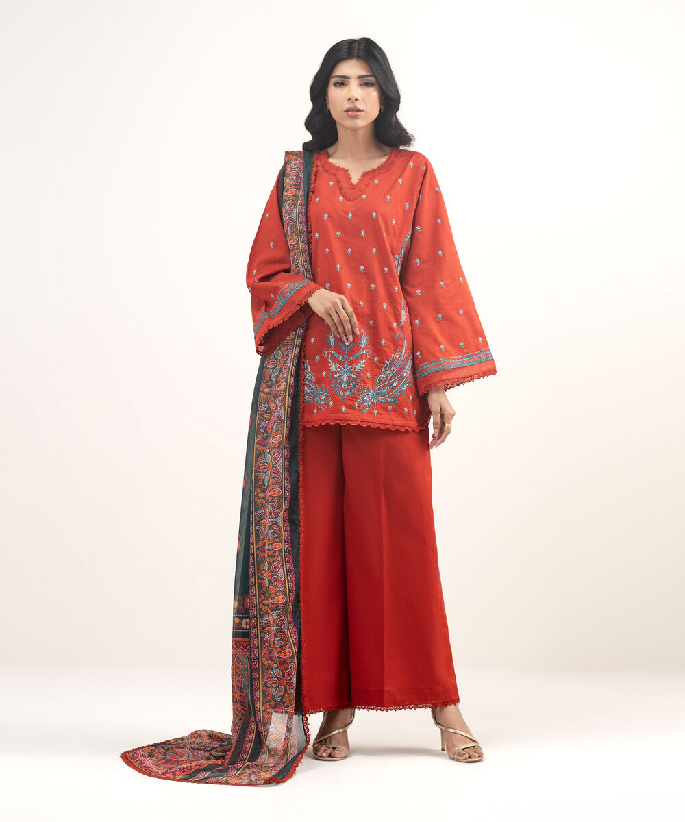 Women's RTW Dobby Embroidered Red 3 Piece Suit