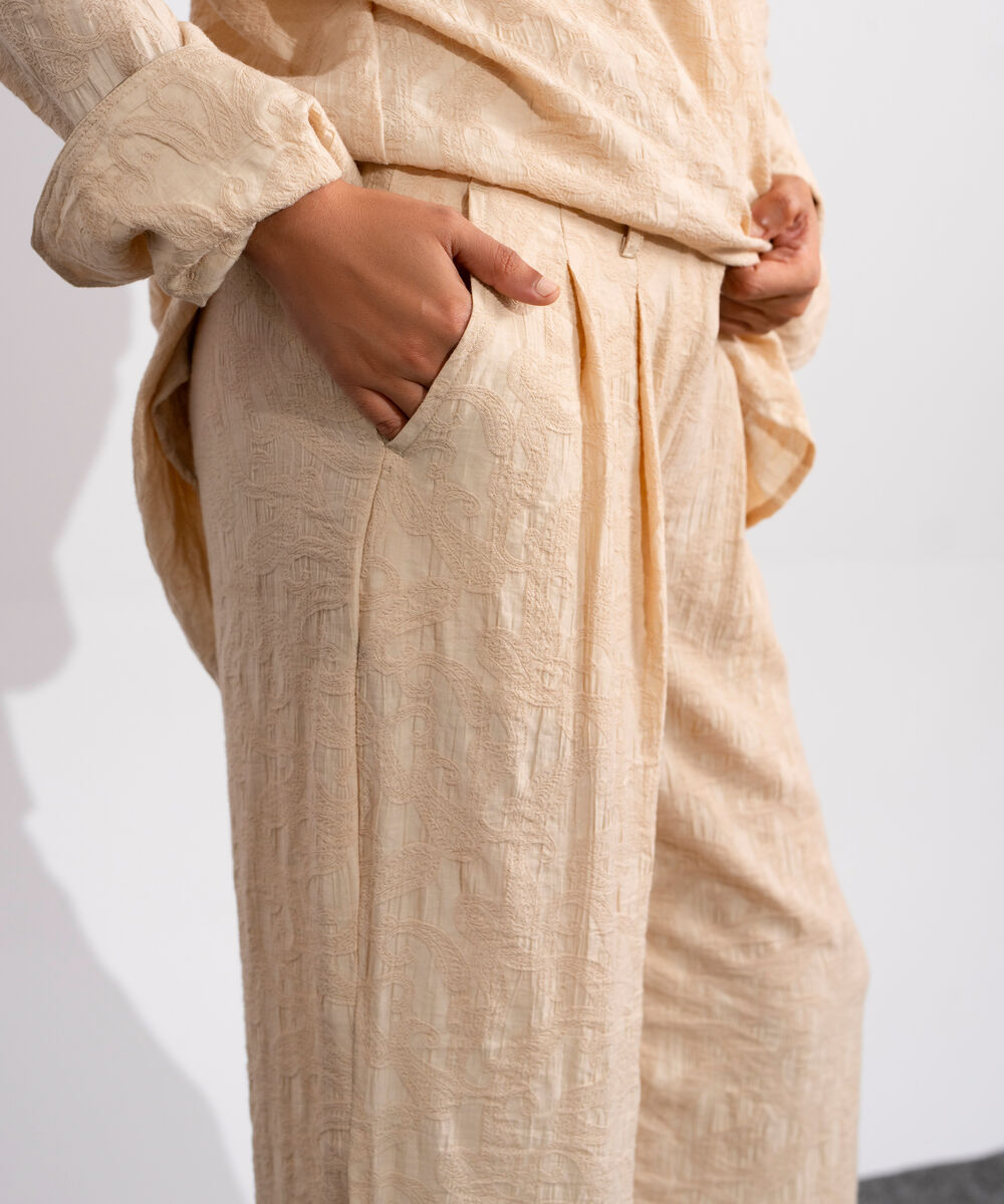 Women's Beige Textured Pleated Trouser