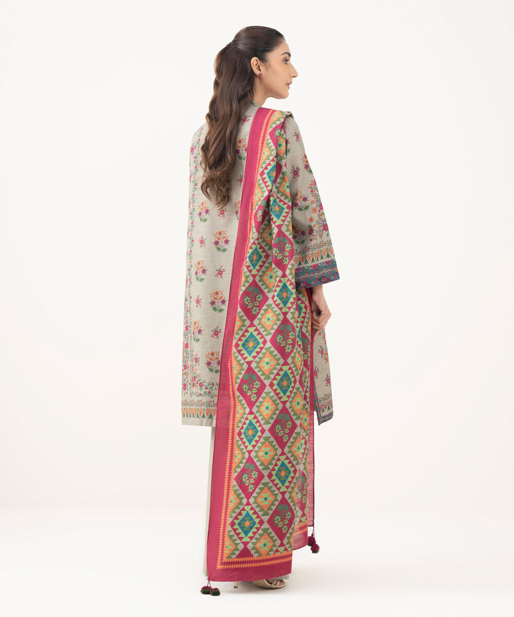 Women's Unstitched Khaddar Printed Beige   3 Piece Suit