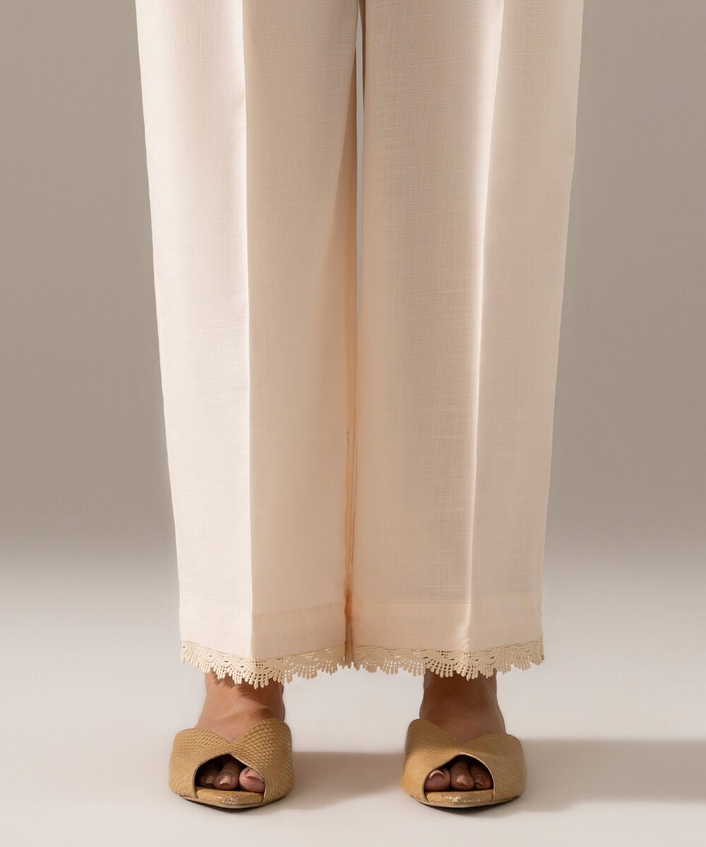 Women's RTW Cross Hatch Solid Off White Flared Pants