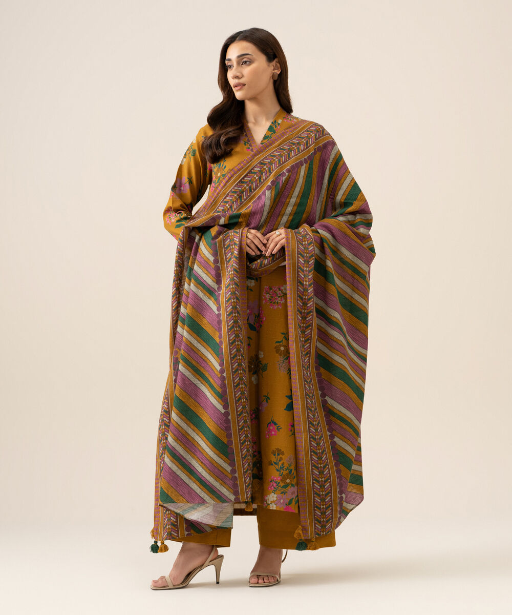 Women's Unstitched Lawn Printed Mustard 3 Piece Suit
