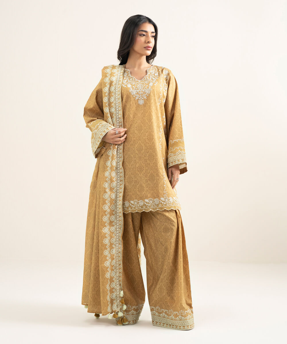 Women's Unstitched Lawn Yellow Embroidered 3 Piece Suit