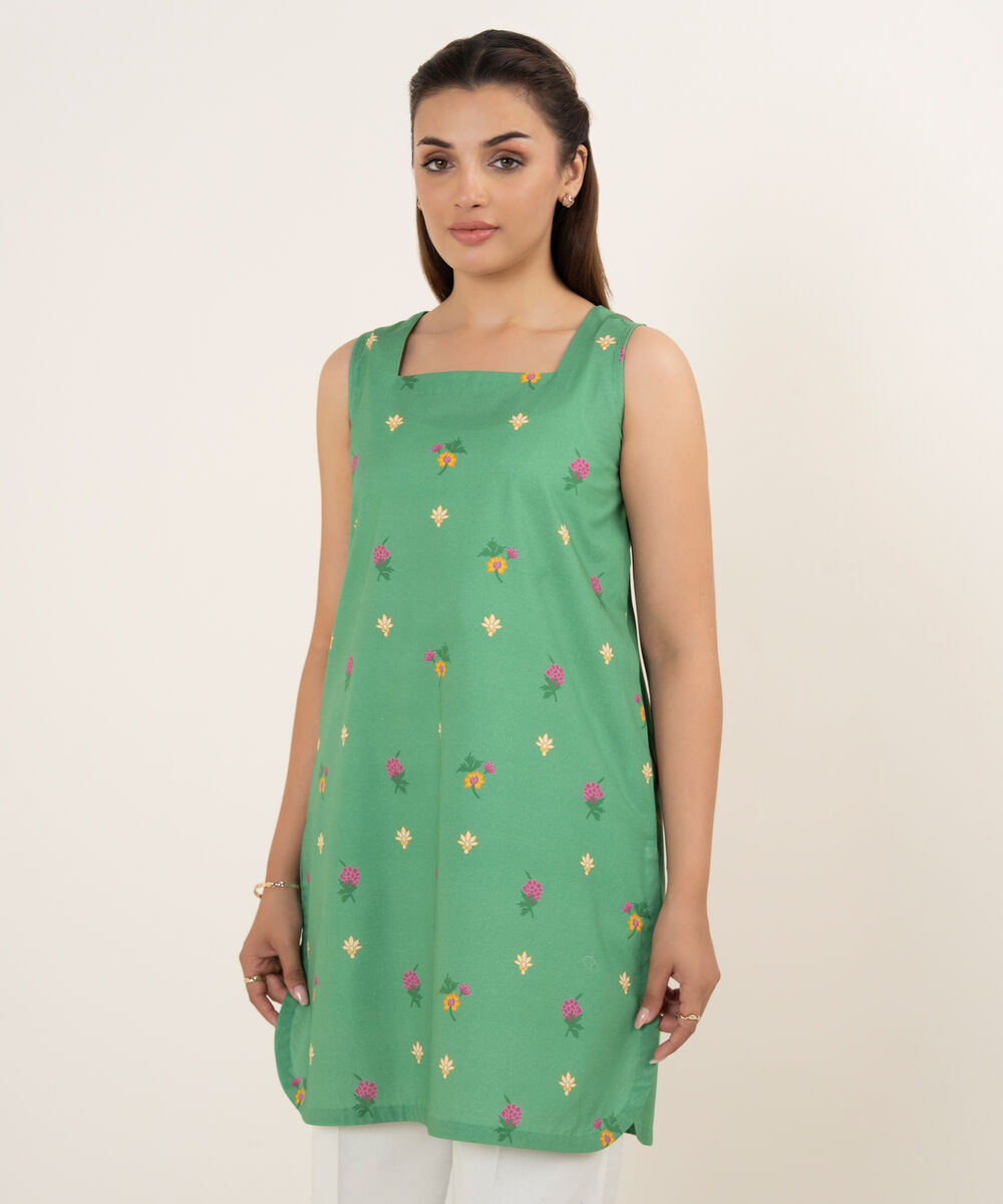 Women's Unstitched Cotton Printed Green Shirt