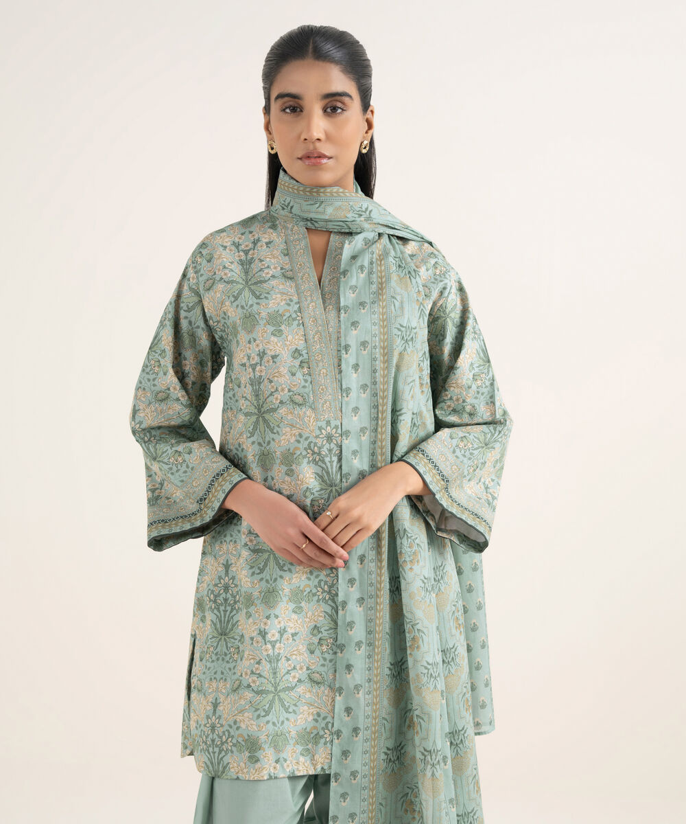 Women's Unstitched Cotton Printed Blue 3 Piece Suit