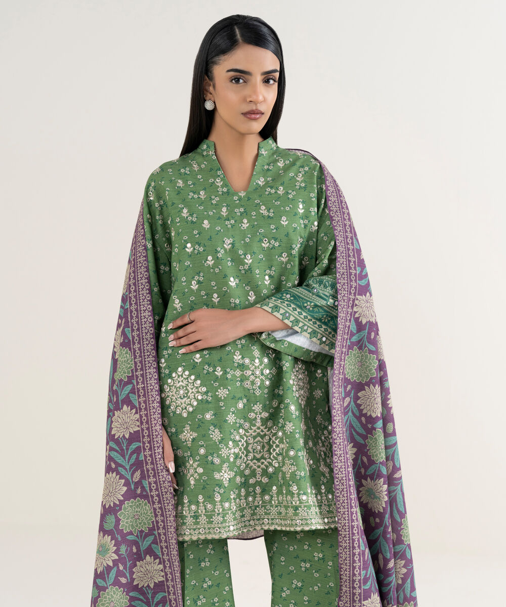 Women's Unstitched Embroidered Khaddar Green 3 Piece Suit