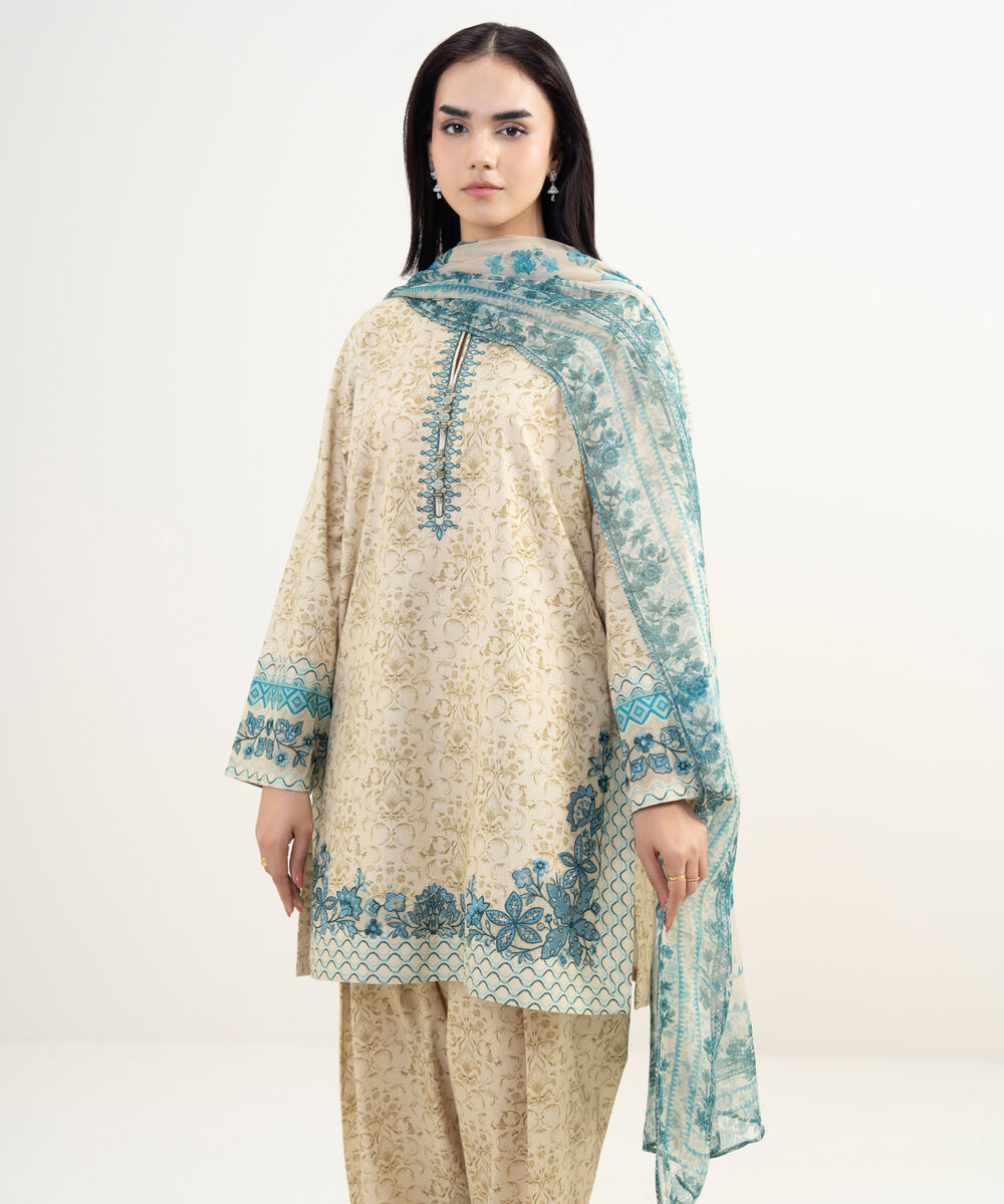 Women's Unstitched Lawn Embroidered Beige   3 Piece Suit