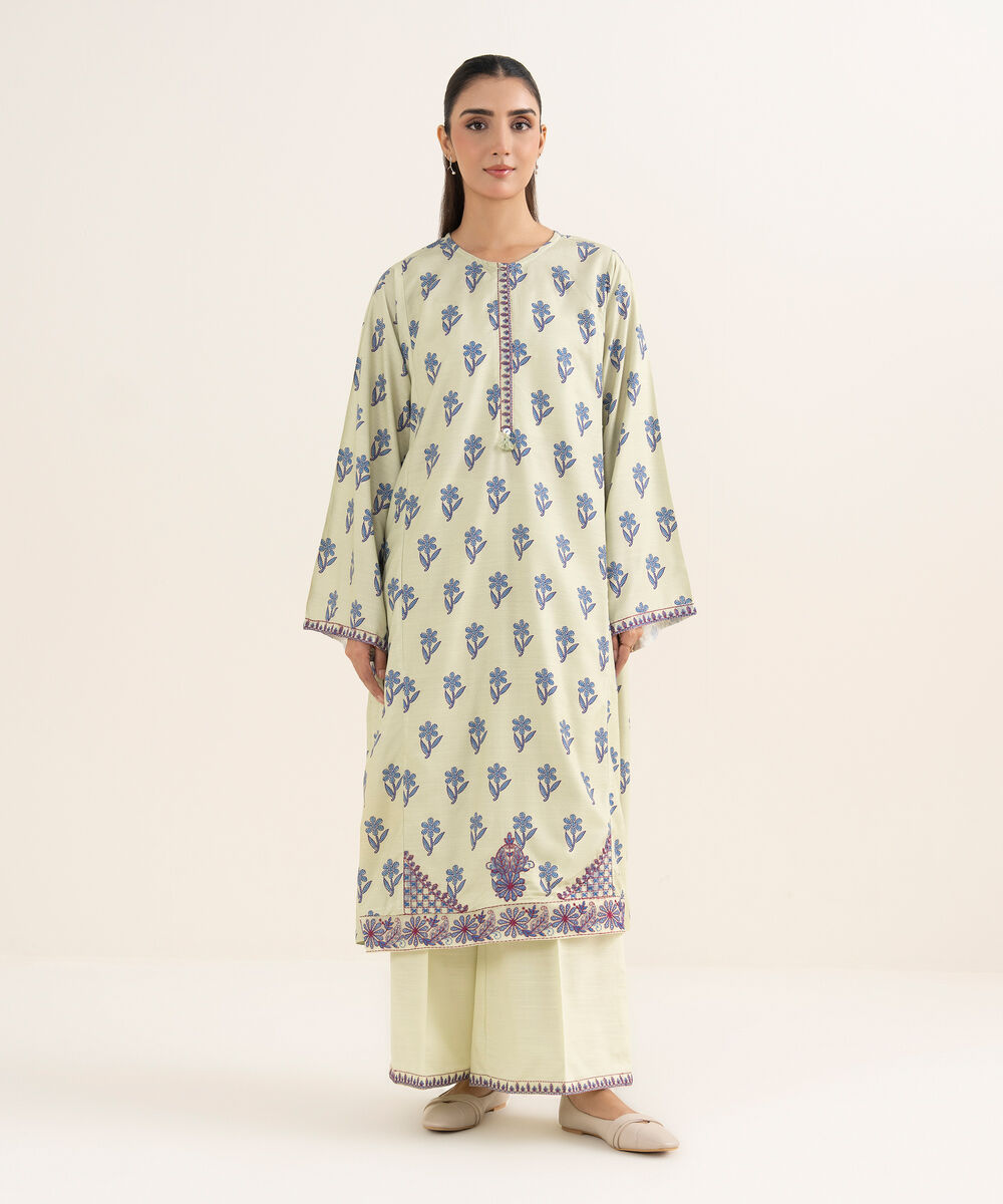 Women's RTW Herringbone Embroidered Mint Green A-Line Shirt