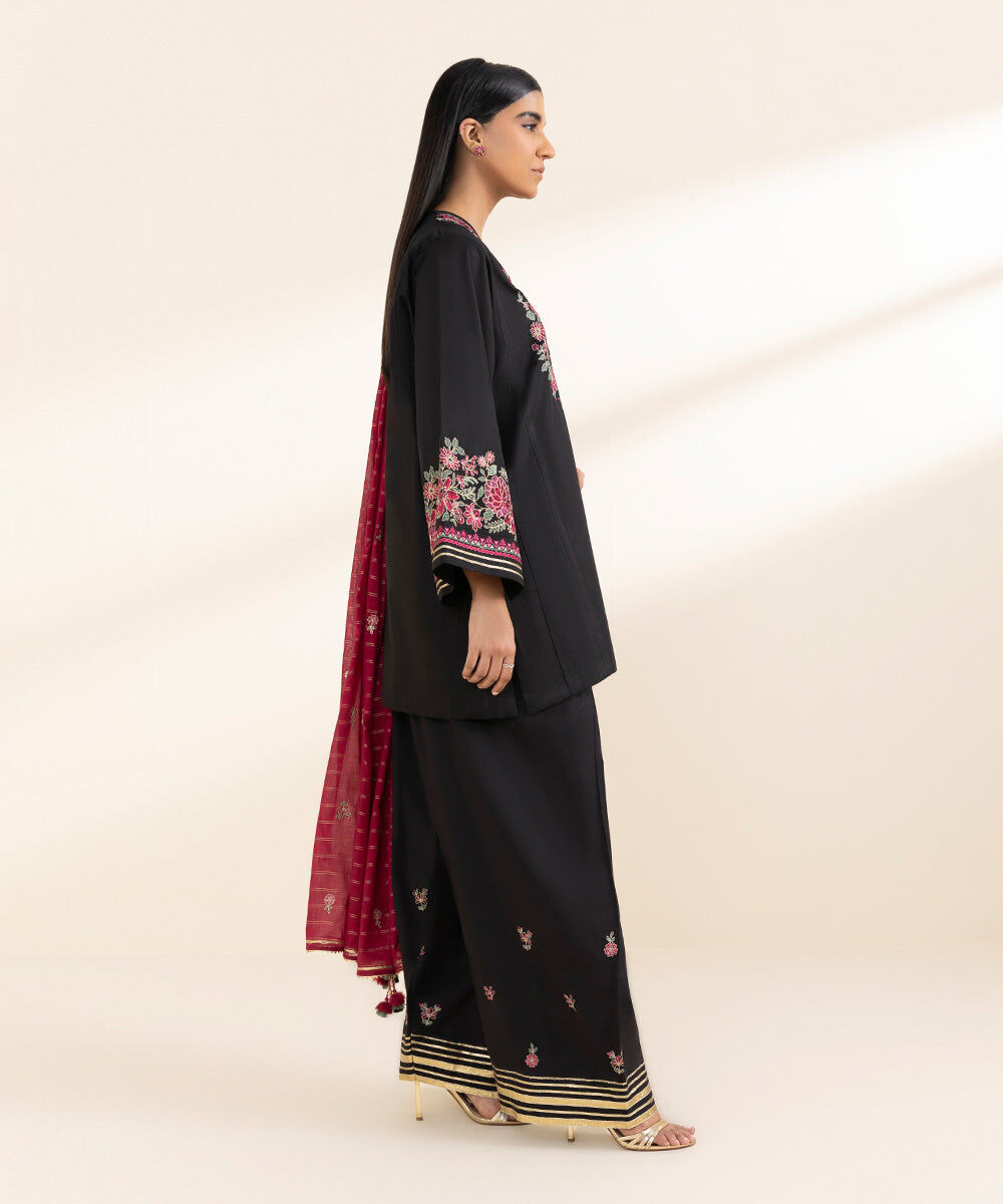 Woman - Black 3 Piece - Embroidered Cotton Suit
