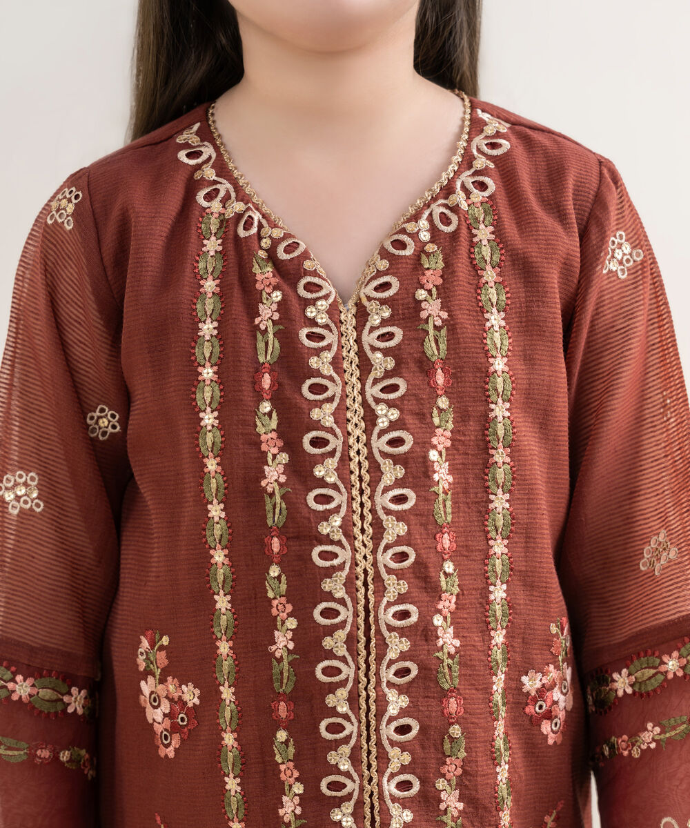 Girl's Blended Textured Karandi Brown Embroidered 3 Piece Suit