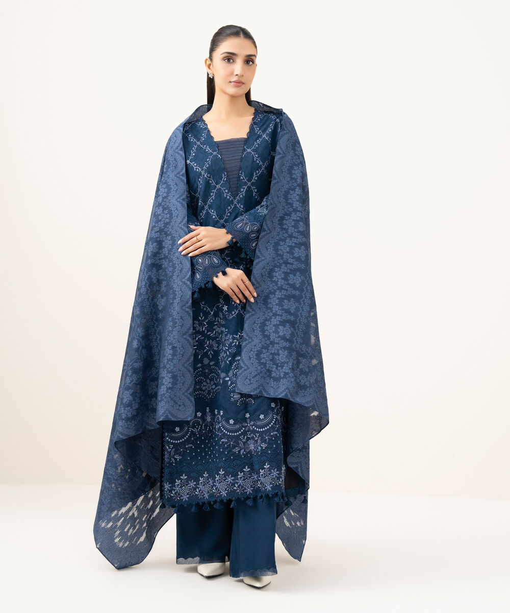 Women's Unstitched Linen Jacquard Embroidered Blue 3 Piece Suit