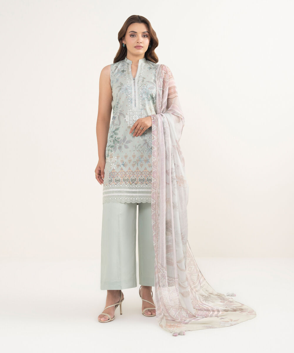 Women's Unstitched Lawn Embroidered Green 3 Piece Suit