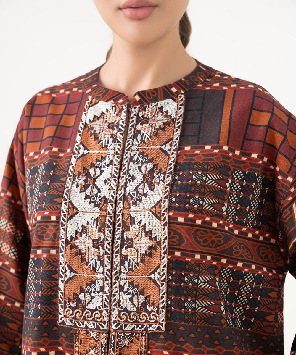 Women's RTW Light Khaddar Embroidered Brown Drop Shoulder Shirt