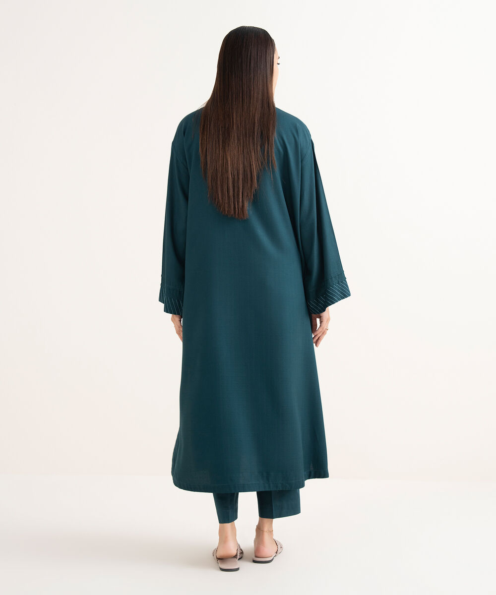 Women's RTW Textured Arabic Green Solid Drop Shoulder Shirt