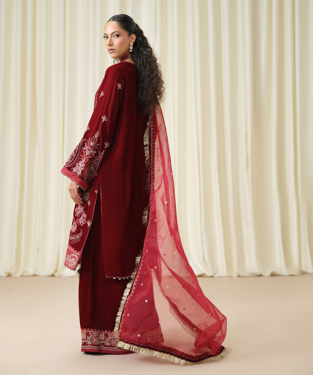 Women's Unstitched Embroidered Velvet Maroon 3 Piece Suit