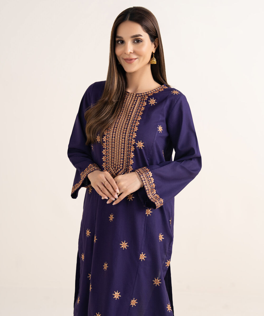 Women's RTW Textured Cotton Purple Embroidered A-Line Shirt