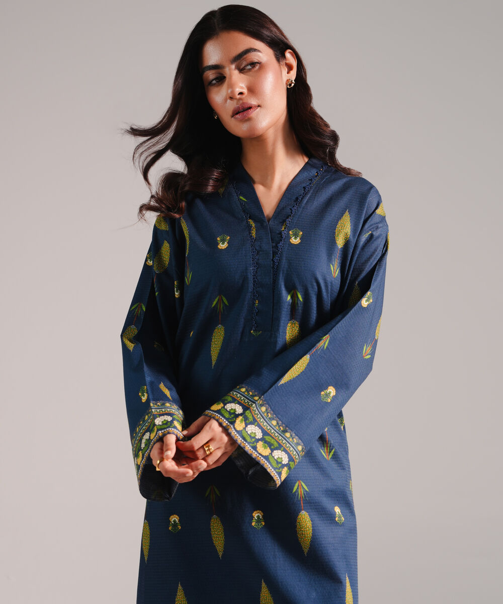 Women's RTW Dobby Printed Dark Blue Straight Shirt