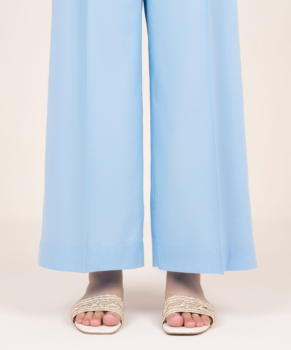 Women's RTW Cotton Viscose Blue Solid Wide Culotte