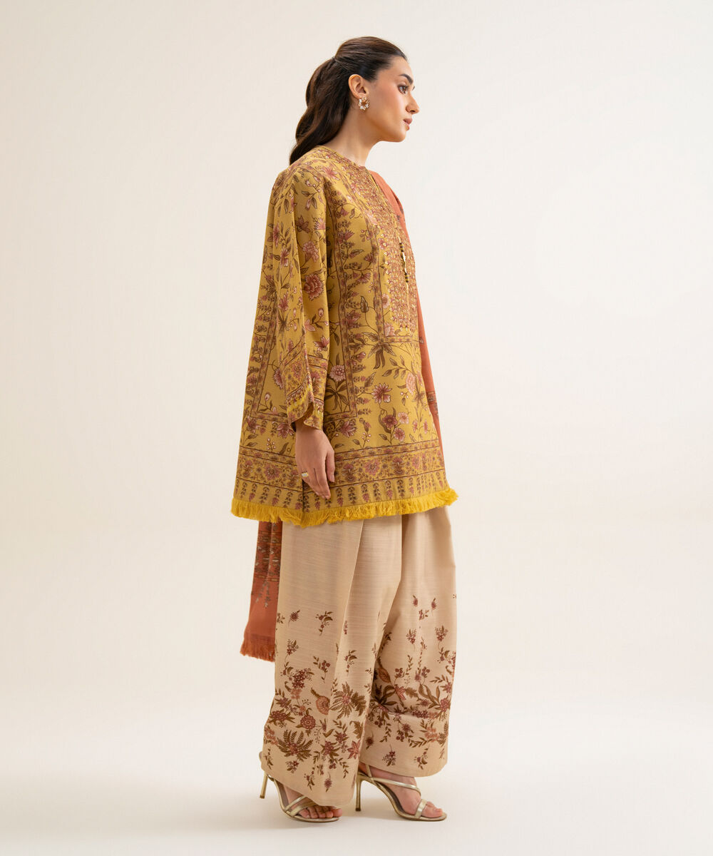 Women's Unstitched Premium Khaddar Printed Yellow 3 Piece Suit