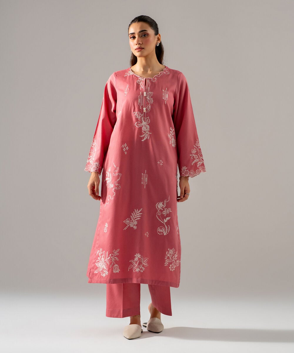 Women's RTW Dobby Solid Embroidered Mauve 2 Piece Suit