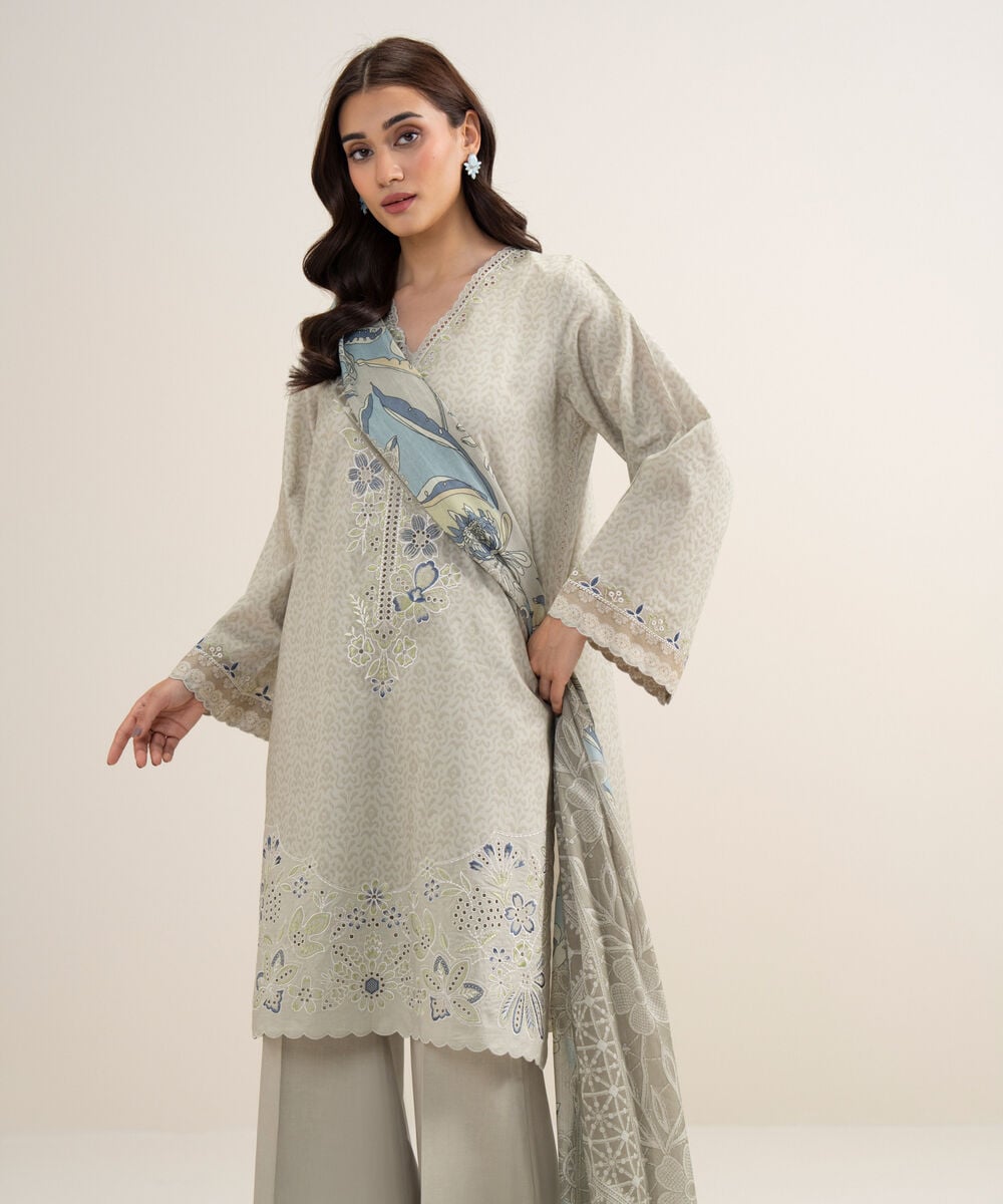 Women's Unstitched Lawn Embroidered Beige 3 Piece Suit