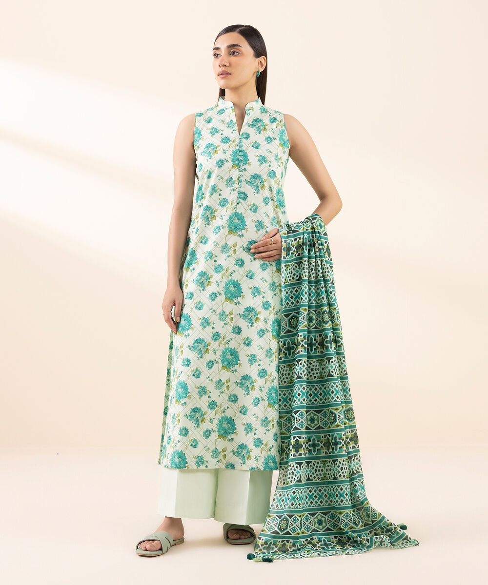 Women's Unstitched Lawn Printed Green 3 Piece Suit
