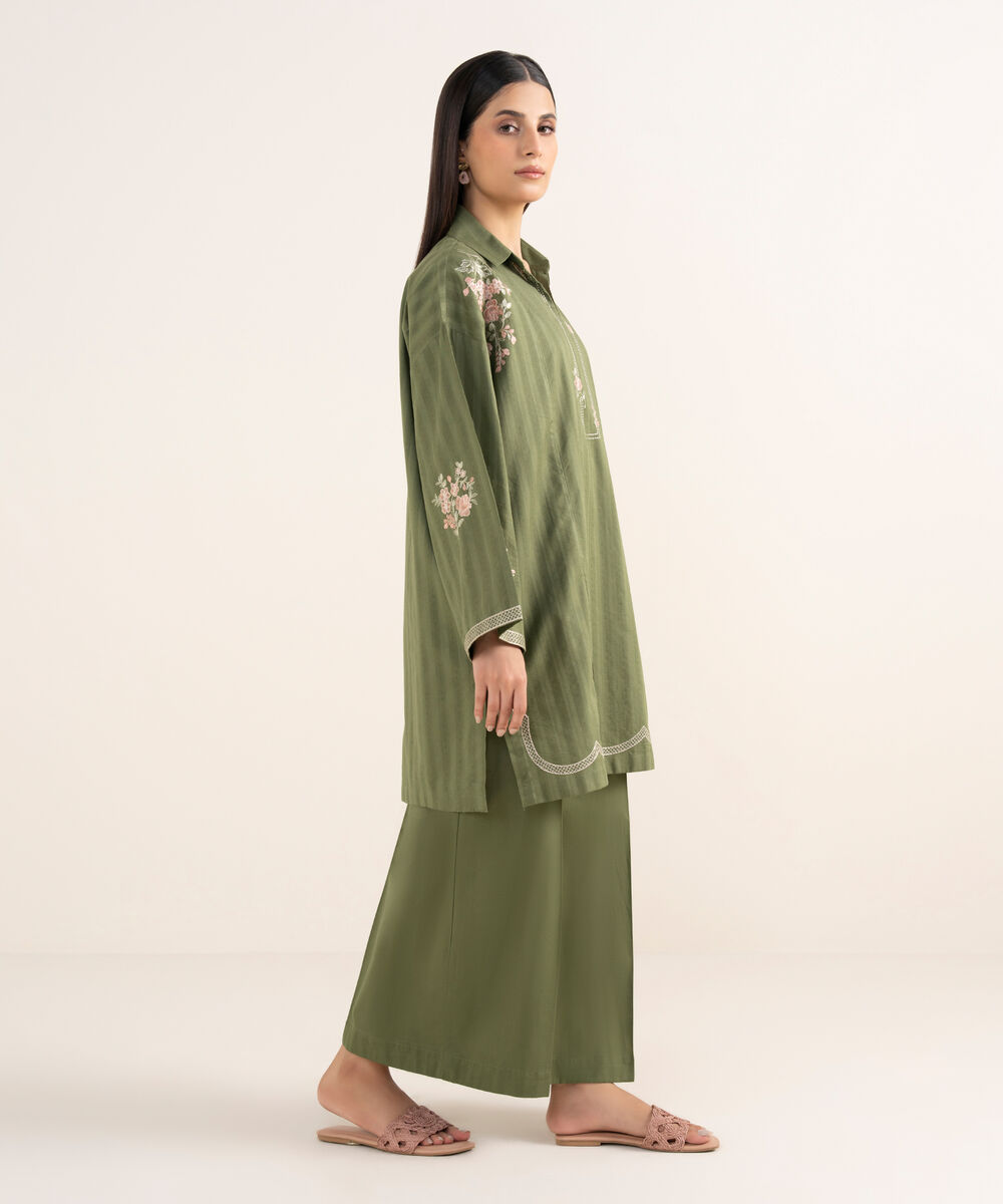 Women's RTW Textured Lawn Green Embroidered Boxy Shirt