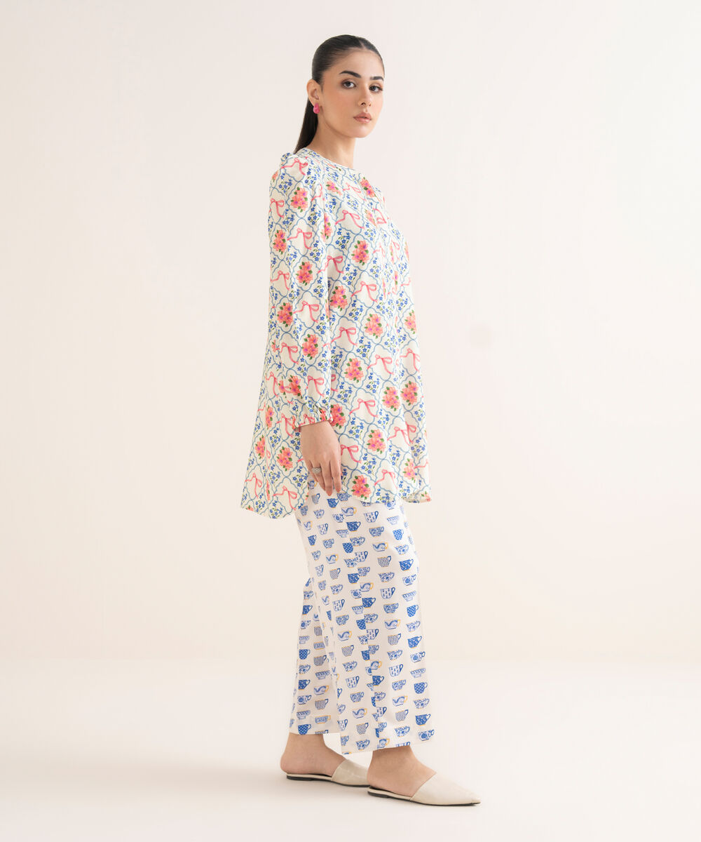 Women's RTW Linen Viscose Printed Off White Straight Shirt