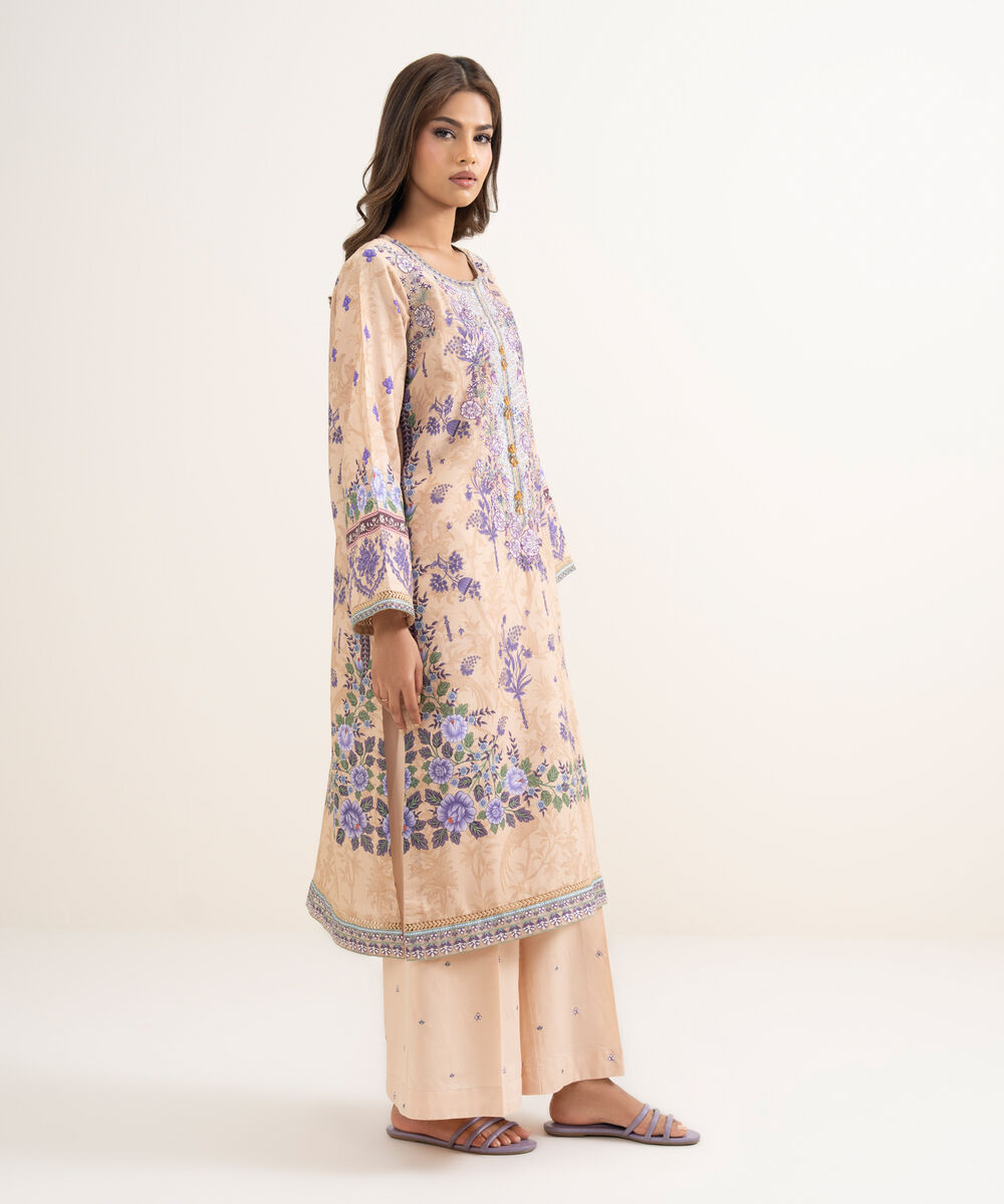 Women's RTW Zari Cotton Embroidered Peach A-Line Shirt