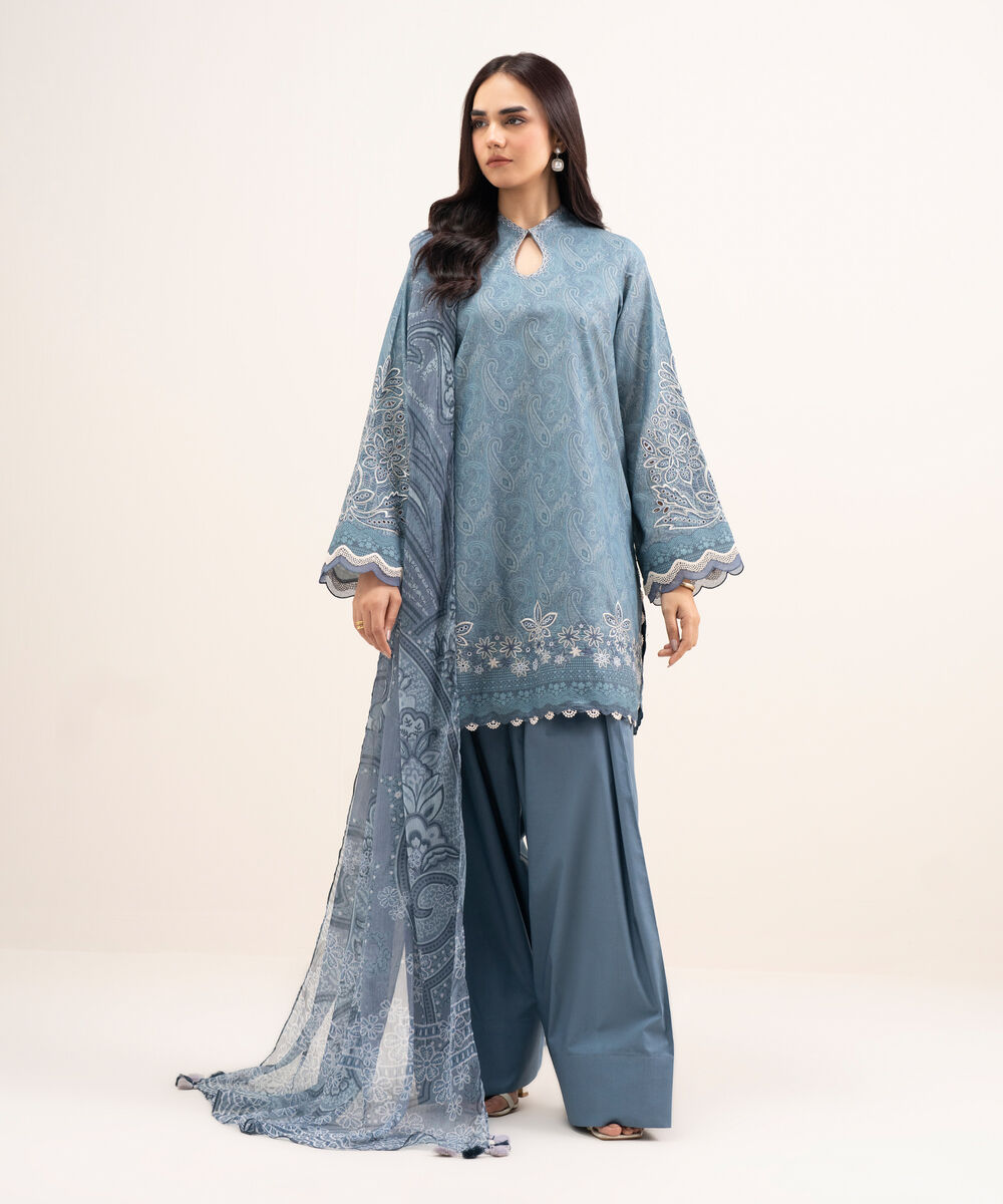 Women's Unstitched Zari Lawn Embroidered Blue 3 Piece Suit