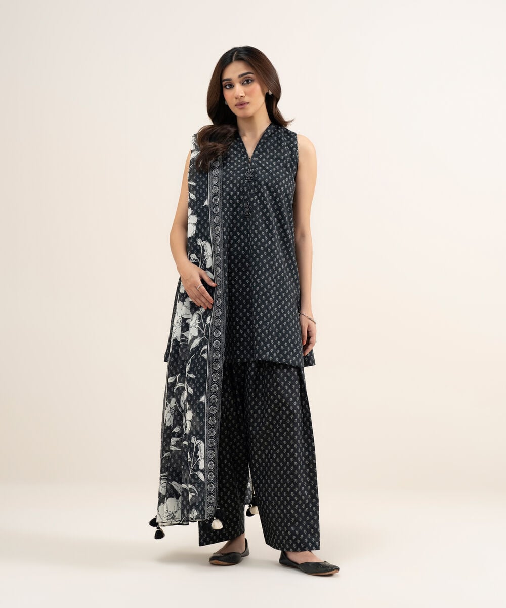Women's Unstitched Lawn Printed Black and Off White 3 Piece Suit