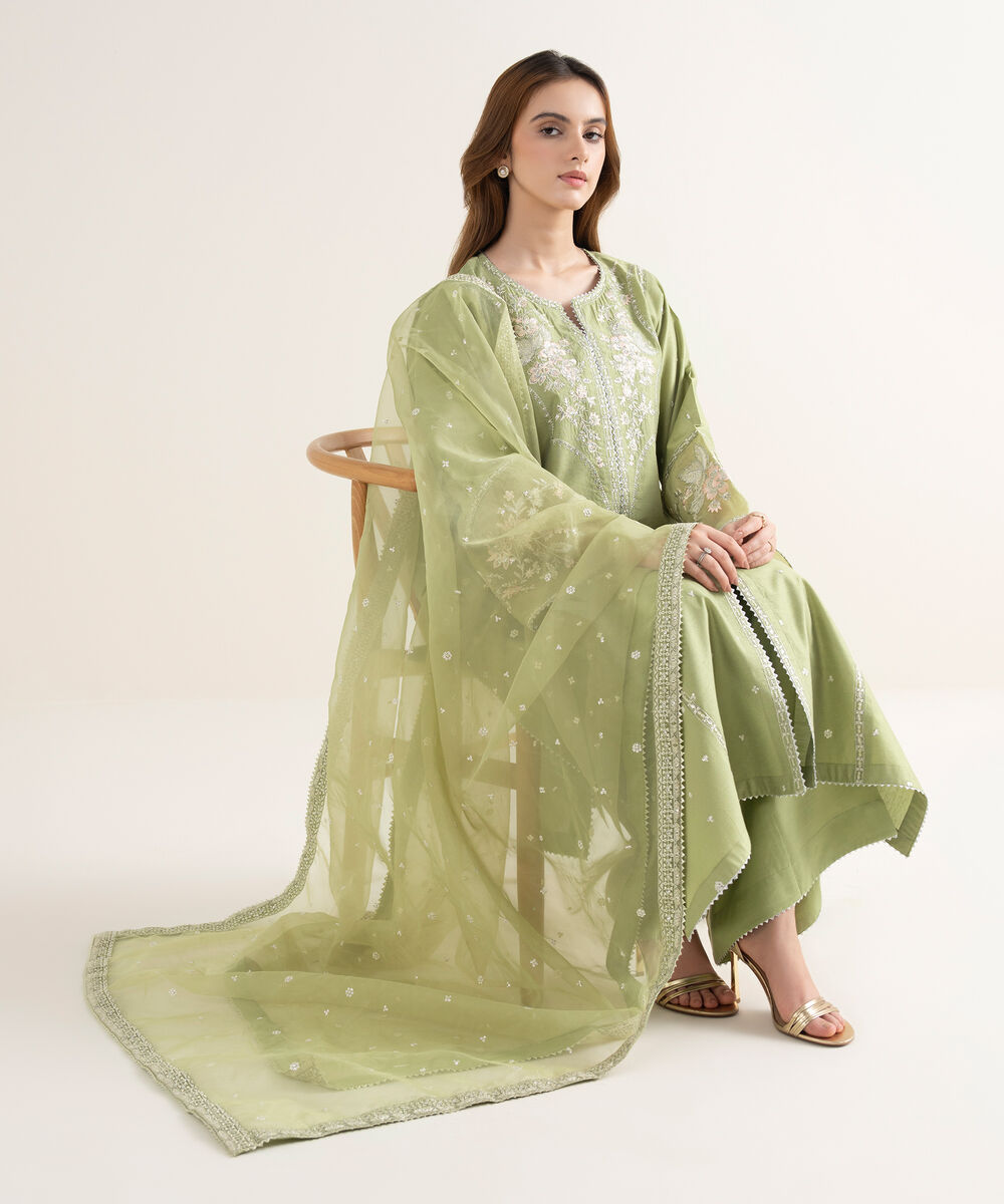 Women's RTW Blended Silk Cotton Net Embroidered Green Three Piece Suit
